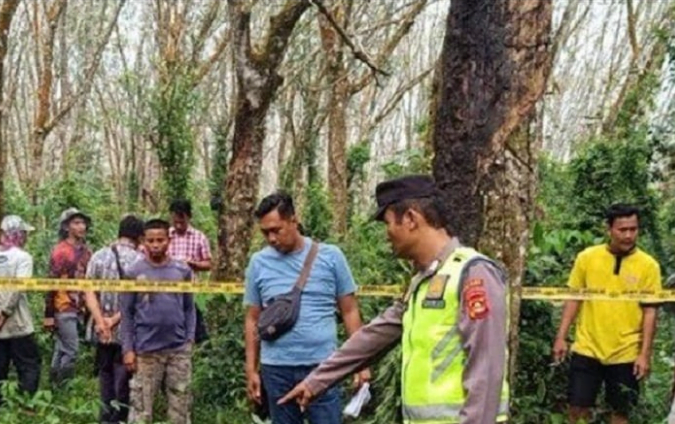polisi saat olah tkp penemuan mayat perempuan di kebun karet desa tebing sari mulya, kecamatan belitang madang raya, kabupaten oku timur, sumatra selatan (sumsel).